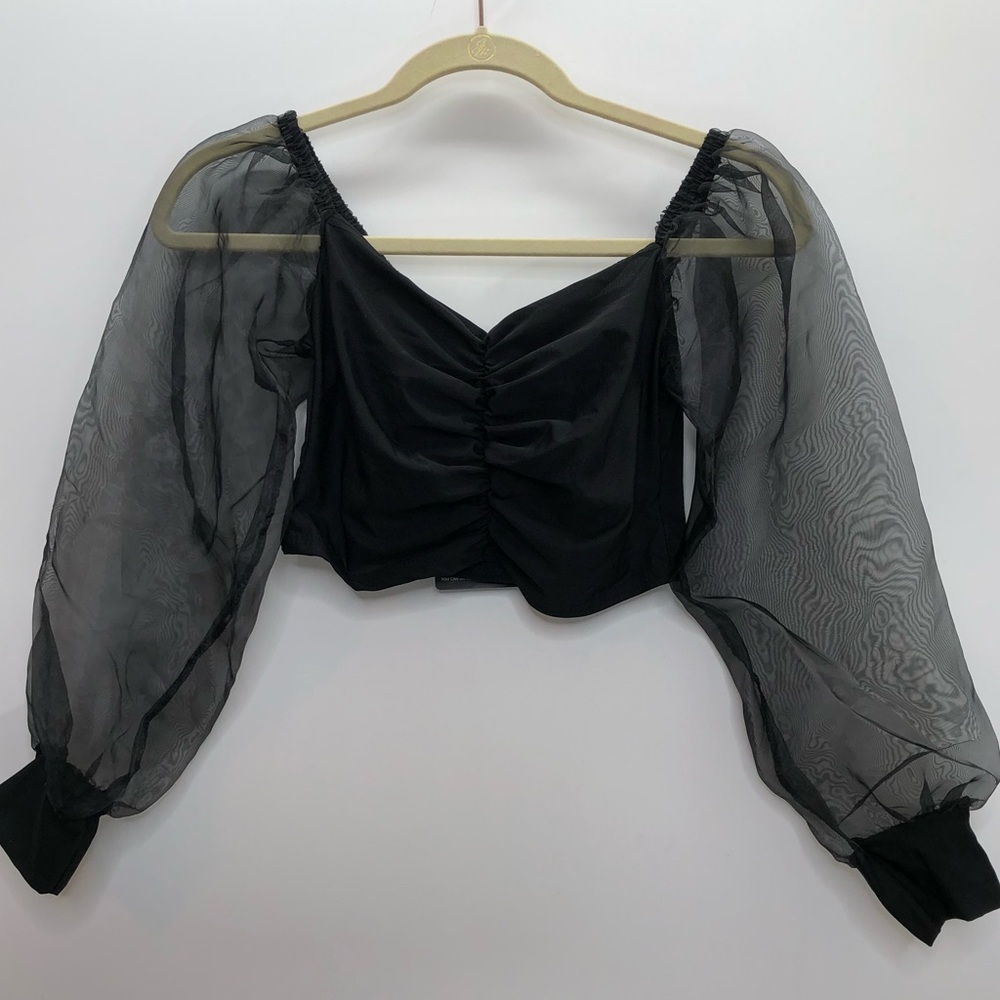 Pretty Little Thing black slinky sheer organza puff sleeve Bardot crop top
